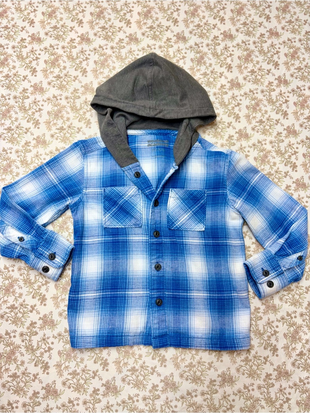 Boy’s Kid’s Weekend Academy Blue Plaid Hooded Button-Up Shirt Jacket XS 4-5